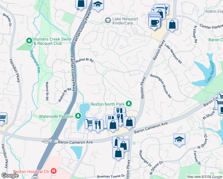 map of restaurants, bars, coffee shops, grocery stores, and more near 1615 Fieldthorn Drive in Reston