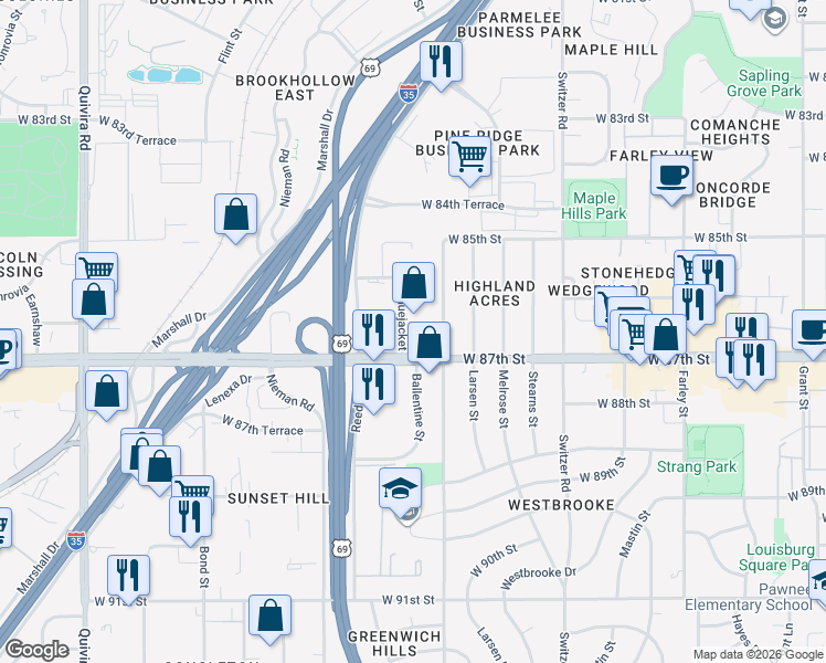 map of restaurants, bars, coffee shops, grocery stores, and more near 8699 Bluejacket Street in Lenexa