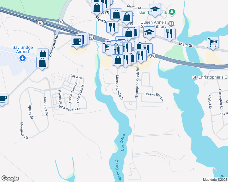 map of restaurants, bars, coffee shops, grocery stores, and more near 605 Marion Quimby Drive in Stevensville