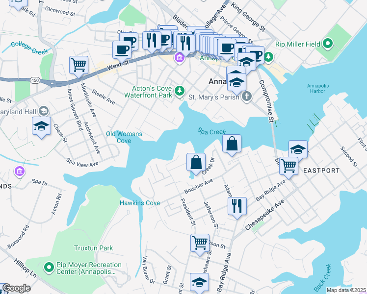 map of restaurants, bars, coffee shops, grocery stores, and more near 10 President Point Drive in Annapolis