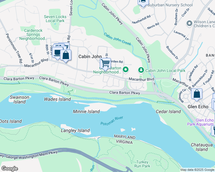 map of restaurants, bars, coffee shops, grocery stores, and more near 6 Thorne Road in Cabin John