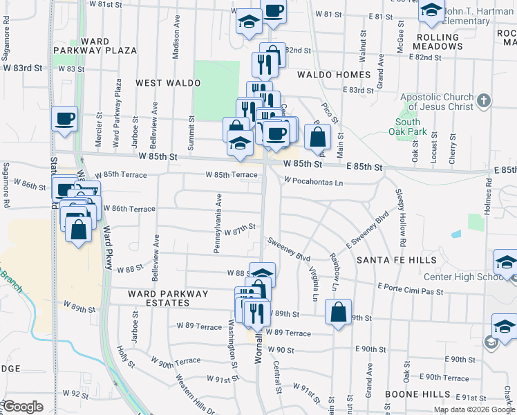 map of restaurants, bars, coffee shops, grocery stores, and more near 405 West 86th Terrace in Kansas City