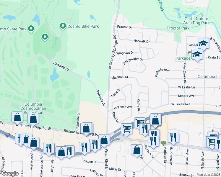 map of restaurants, bars, coffee shops, grocery stores, and more near 1808 North Creasy Springs Road in Columbia