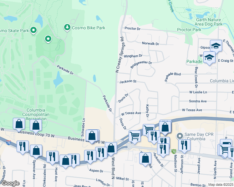 map of restaurants, bars, coffee shops, grocery stores, and more near 1808 North Creasy Springs Road in Columbia