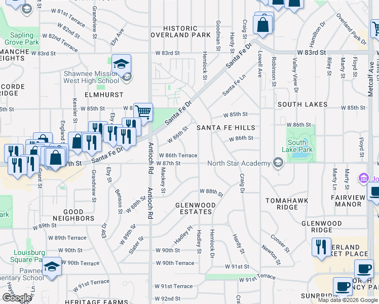 map of restaurants, bars, coffee shops, grocery stores, and more near 8411 West 86th Terrace in Overland Park