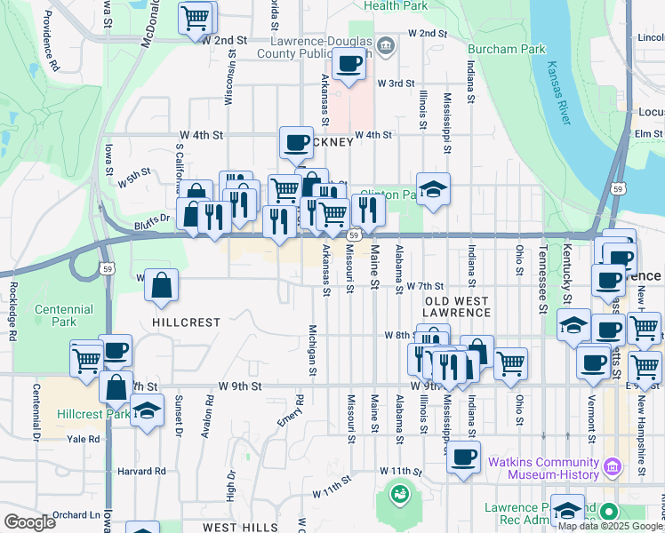 map of restaurants, bars, coffee shops, grocery stores, and more near 1226 West 7th Street in Lawrence