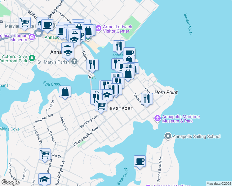 map of restaurants, bars, coffee shops, grocery stores, and more near 312 Severn Avenue in Annapolis