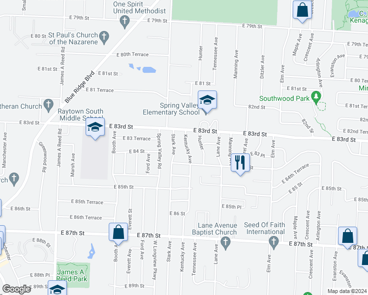 map of restaurants, bars, coffee shops, grocery stores, and more near 8308 Kentucky Avenue in Raytown