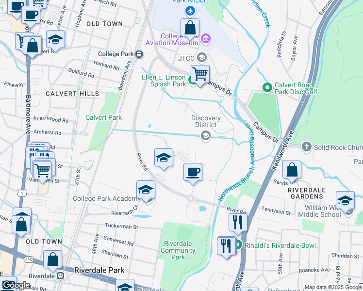 map of restaurants, bars, coffee shops, grocery stores, and more near 5830 University Research Court in Riverdale Park