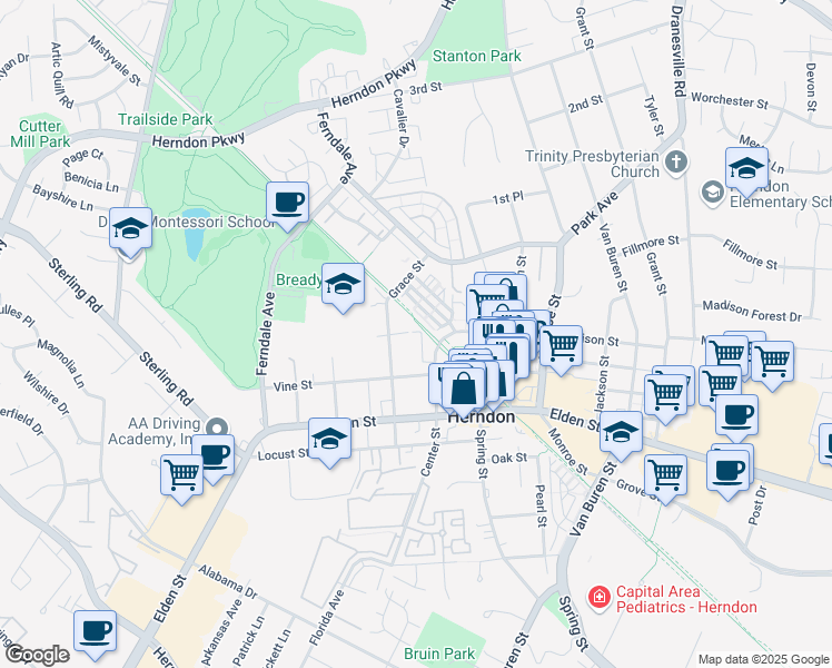 map of restaurants, bars, coffee shops, grocery stores, and more near 115 Vinehaven Way in Herndon