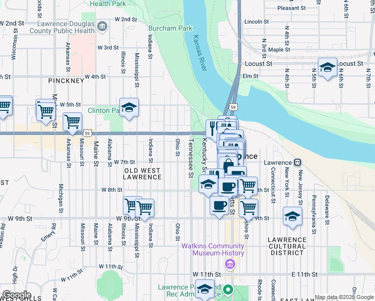 map of restaurants, bars, coffee shops, grocery stores, and more near 637 Tennessee Street in Lawrence