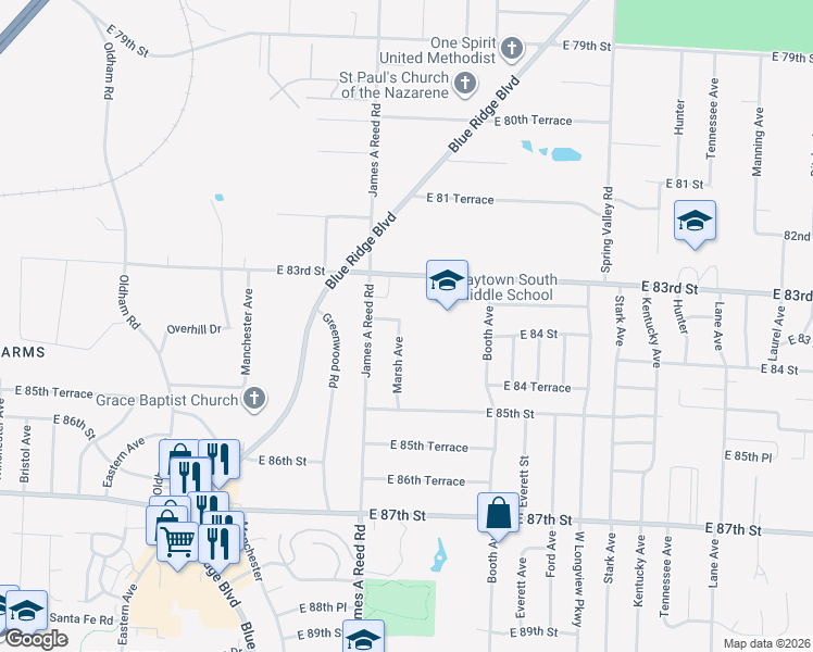 map of restaurants, bars, coffee shops, grocery stores, and more near 8315 Marsh Avenue in Raytown