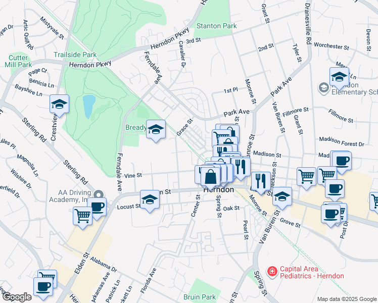 map of restaurants, bars, coffee shops, grocery stores, and more near 115 Vinehaven Way in Herndon