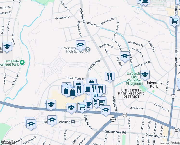 map of restaurants, bars, coffee shops, grocery stores, and more near 6685 Belcrest Road in Hyattsville