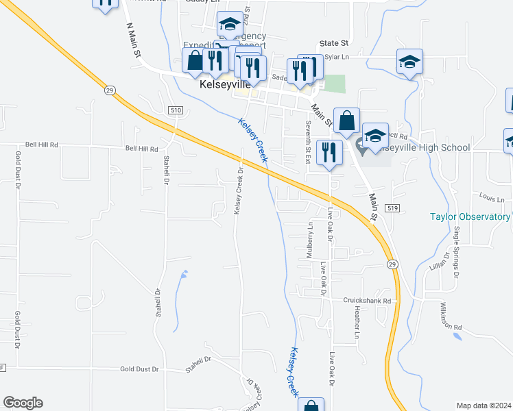 map of restaurants, bars, coffee shops, grocery stores, and more near 5650 Kelsey Creek Drive in Kelseyville