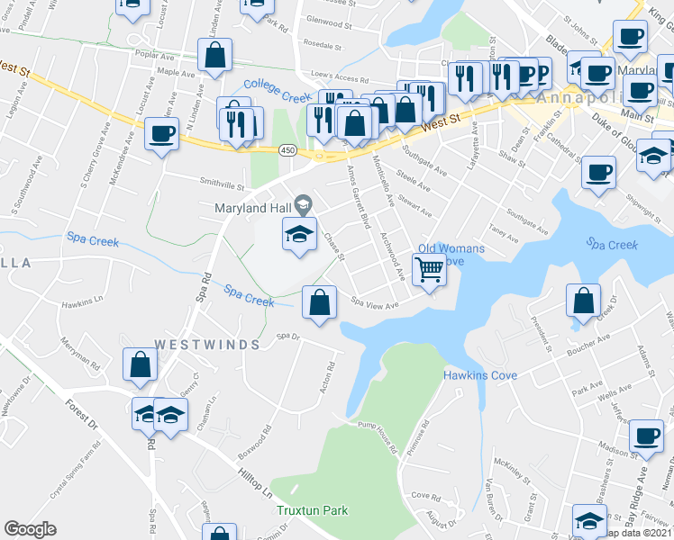map of restaurants, bars, coffee shops, grocery stores, and more near 265 Smith Avenue in Annapolis