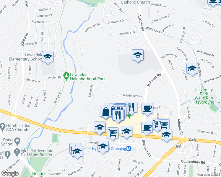 map of restaurants, bars, coffee shops, grocery stores, and more near 3400 Toledo Terrace in Hyattsville