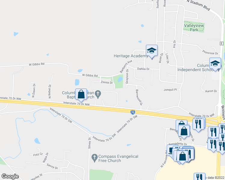 map of restaurants, bars, coffee shops, grocery stores, and more near 3403 Westwind Drive in Columbia