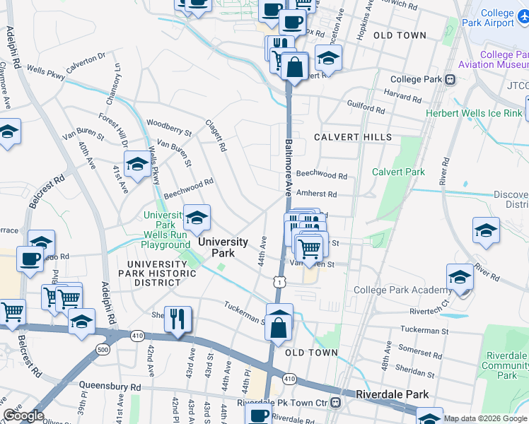 map of restaurants, bars, coffee shops, grocery stores, and more near Queens Chapel Rd & Clagett Rd in University Park