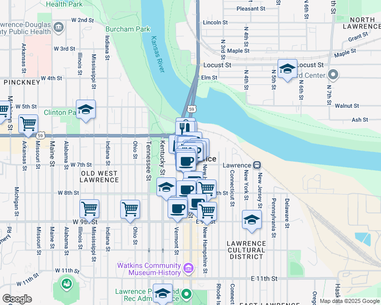 map of restaurants, bars, coffee shops, grocery stores, and more near Massachusetts Street in Lawrence