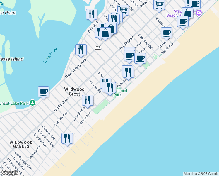 map of restaurants, bars, coffee shops, grocery stores, and more near 6805 Atlantic Avenue in Wildwood Crest