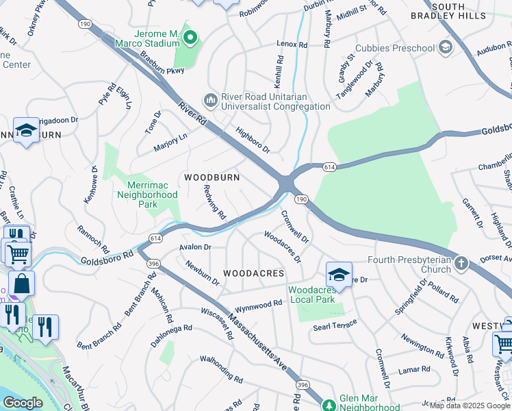 map of restaurants, bars, coffee shops, grocery stores, and more near 6013 Goldsboro Road in Bethesda