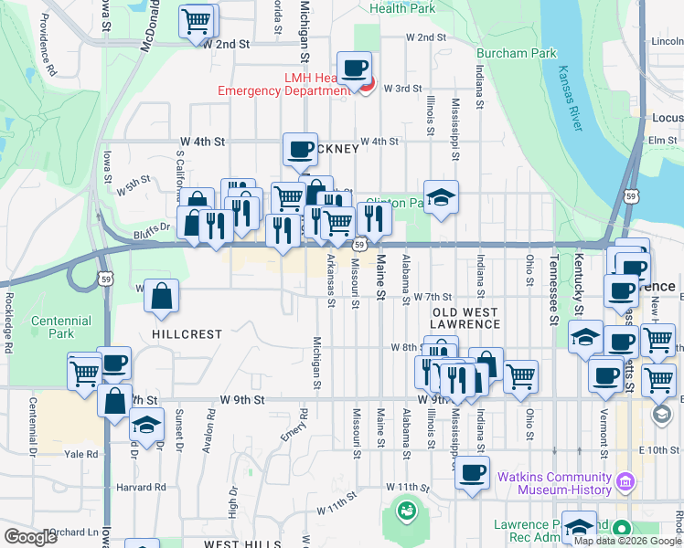 map of restaurants, bars, coffee shops, grocery stores, and more near 1226 West 7th Street in Lawrence