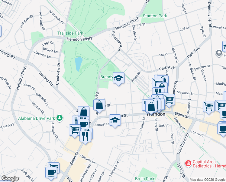 map of restaurants, bars, coffee shops, grocery stores, and more near 810 Ferndale Avenue in Herndon