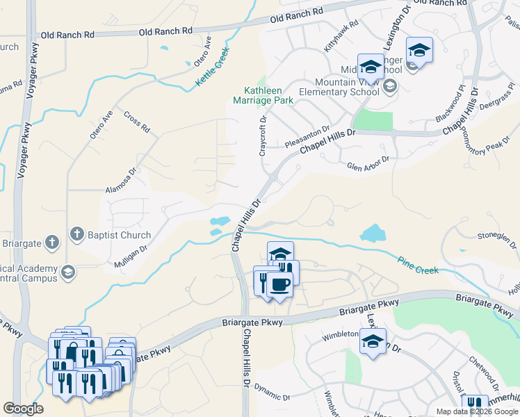 map of restaurants, bars, coffee shops, grocery stores, and more near 2315 Spanish Oak Terrace in Colorado Springs