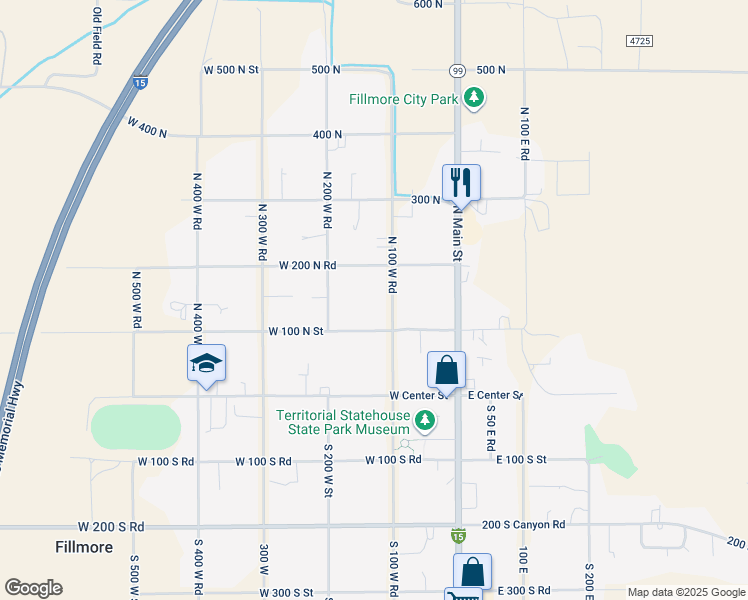 map of restaurants, bars, coffee shops, grocery stores, and more near 140 West 100 North Street in Fillmore