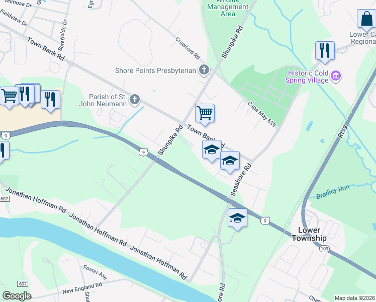 map of restaurants, bars, coffee shops, grocery stores, and more near 700 Town Bank Rd in Cape May