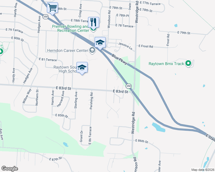 map of restaurants, bars, coffee shops, grocery stores, and more near 8300 Woodson Drive in Raytown
