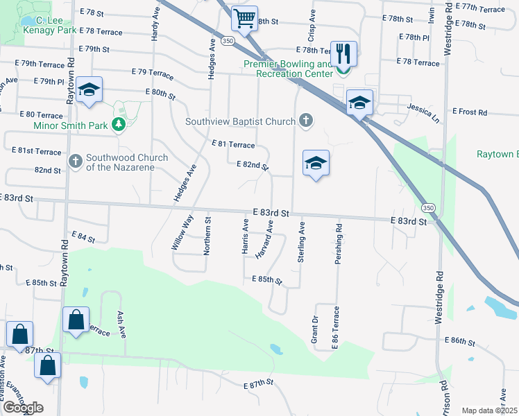 map of restaurants, bars, coffee shops, grocery stores, and more near 8305 Harris Avenue in Raytown