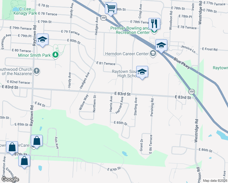map of restaurants, bars, coffee shops, grocery stores, and more near 8305 Harris Avenue in Raytown