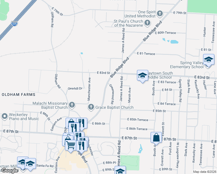 map of restaurants, bars, coffee shops, grocery stores, and more near 8404 Blue Ridge Boulevard in Raytown