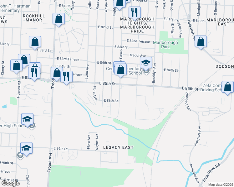 map of restaurants, bars, coffee shops, grocery stores, and more near 8520 Woodland Avenue in Kansas City