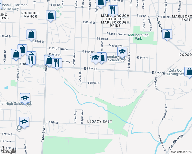 map of restaurants, bars, coffee shops, grocery stores, and more near 8520 Woodland Avenue in Kansas City