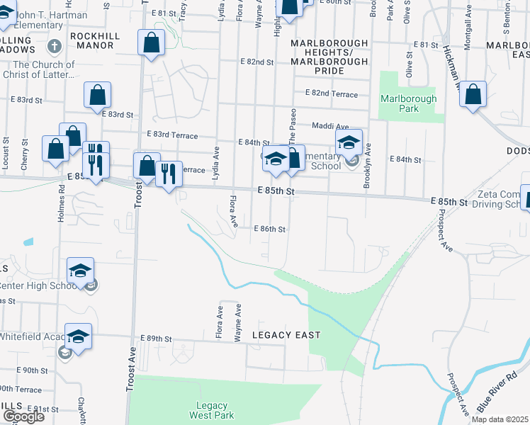 map of restaurants, bars, coffee shops, grocery stores, and more near 8540 Highland Avenue in Kansas City