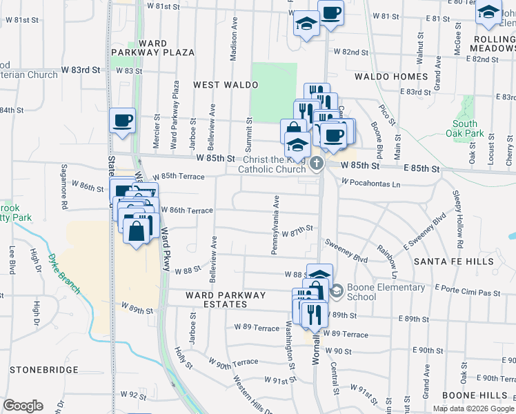 map of restaurants, bars, coffee shops, grocery stores, and more near 611 West 86th Terrace in Kansas City