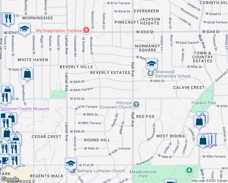 map of restaurants, bars, coffee shops, grocery stores, and more near 5616 West 87th Street in Overland Park