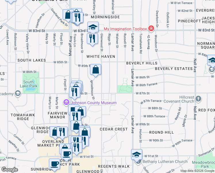 map of restaurants, bars, coffee shops, grocery stores, and more near 8666 Riggs Street in Overland Park
