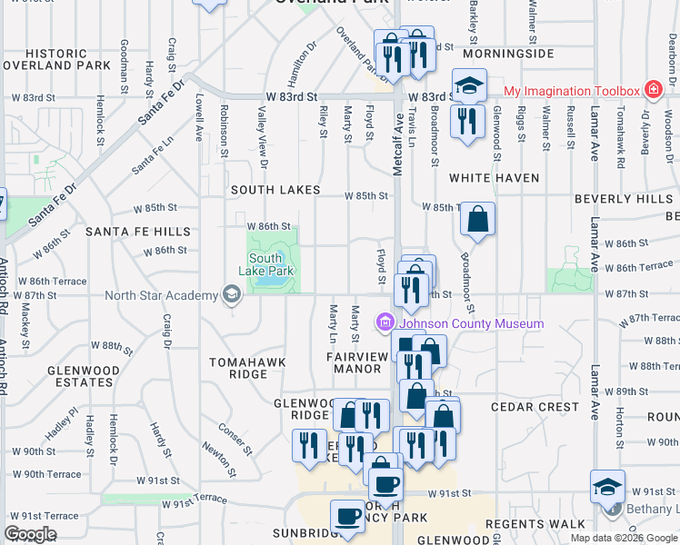 map of restaurants, bars, coffee shops, grocery stores, and more near 7320 West 87th Street in Overland Park