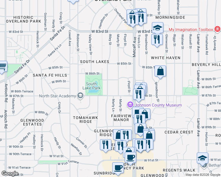 map of restaurants, bars, coffee shops, grocery stores, and more near 7320 West 87th Street in Overland Park