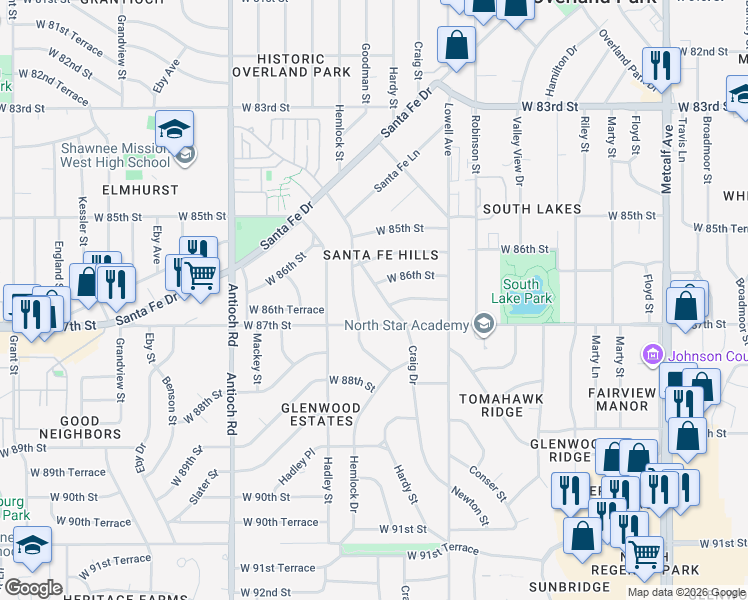 map of restaurants, bars, coffee shops, grocery stores, and more near 8114 West 87th Street in Overland Park
