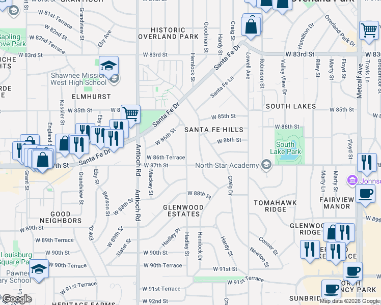 map of restaurants, bars, coffee shops, grocery stores, and more near 8222 West 87th Street in Overland Park