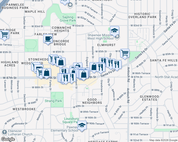 map of restaurants, bars, coffee shops, grocery stores, and more near 8635 England Street in Overland Park