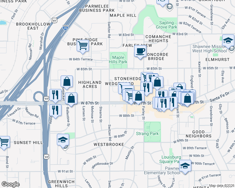 map of restaurants, bars, coffee shops, grocery stores, and more near 10100 West 87th Street in Overland Park