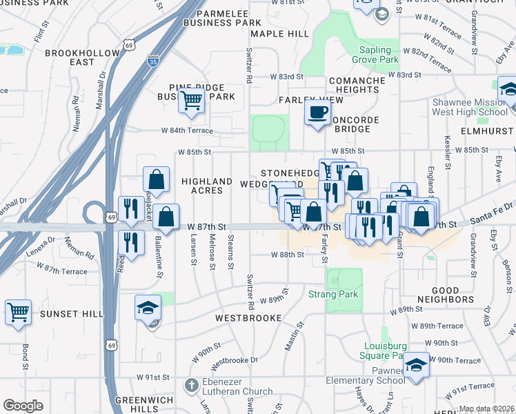 map of restaurants, bars, coffee shops, grocery stores, and more near 10100 West 87th Street in Overland Park