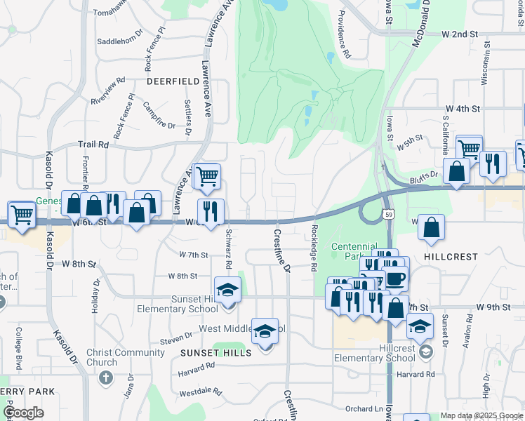 map of restaurants, bars, coffee shops, grocery stores, and more near 2512 West 6th Street in Lawrence