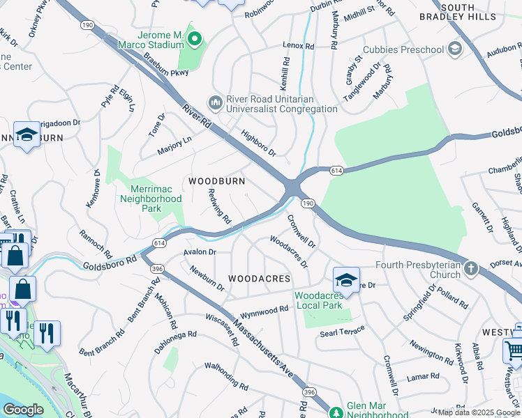 map of restaurants, bars, coffee shops, grocery stores, and more near 6013 Goldsboro Road in Bethesda